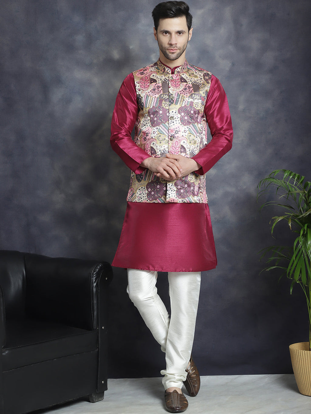 Jompers Men's Digital Print and Zari Work Nehru Jacket With Kurta Pyjama Set - Purple