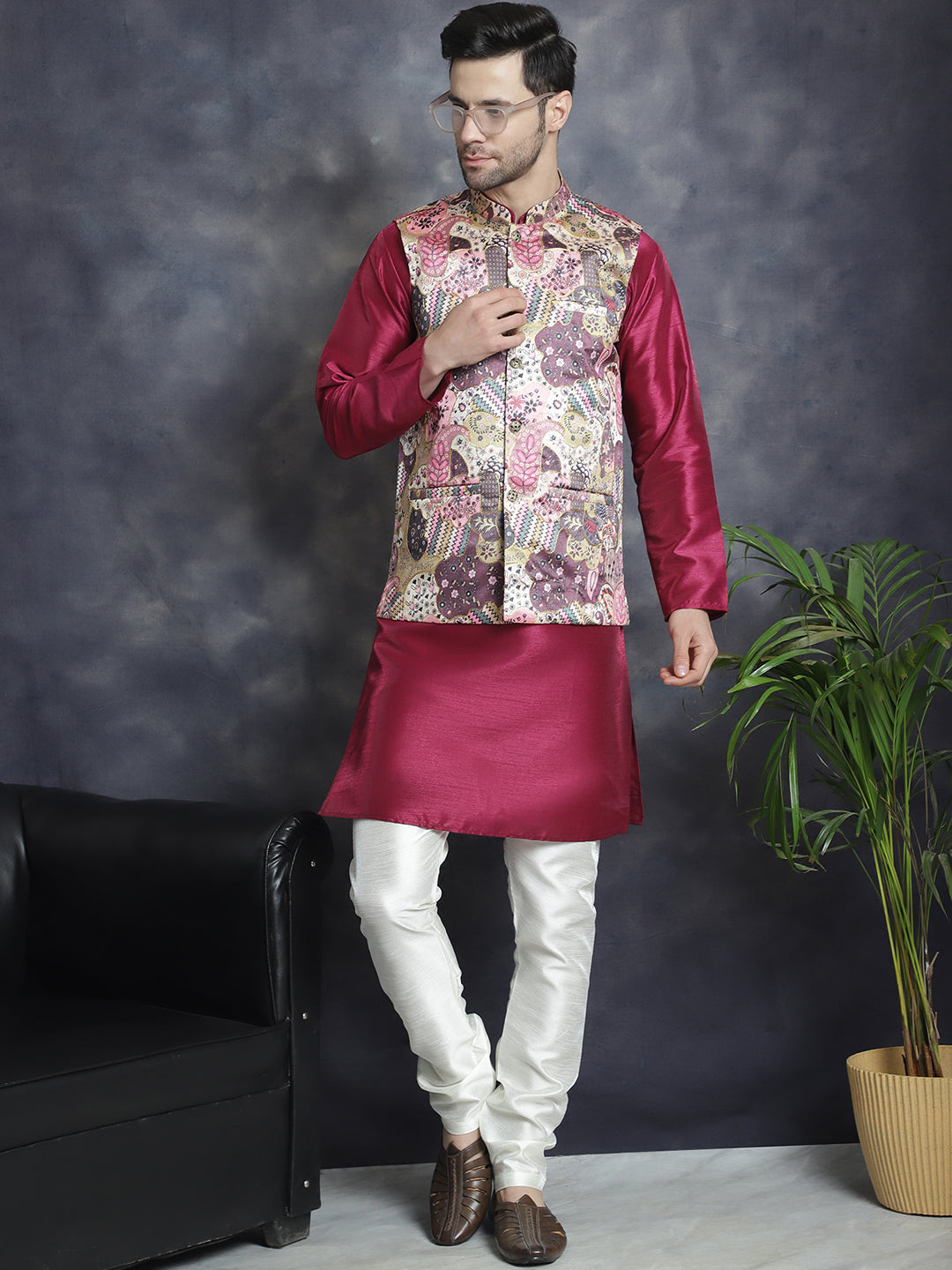 Jompers Men's Digital Print and Zari Work Nehru Jacket With Kurta Pyjama Set - Purple