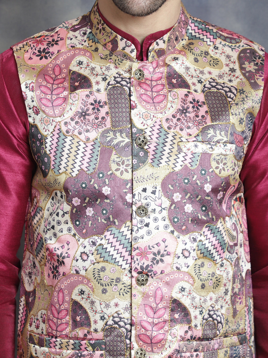 Jompers Men's Digital Print and Zari Work Nehru Jacket With Kurta Pyjama Set - Purple