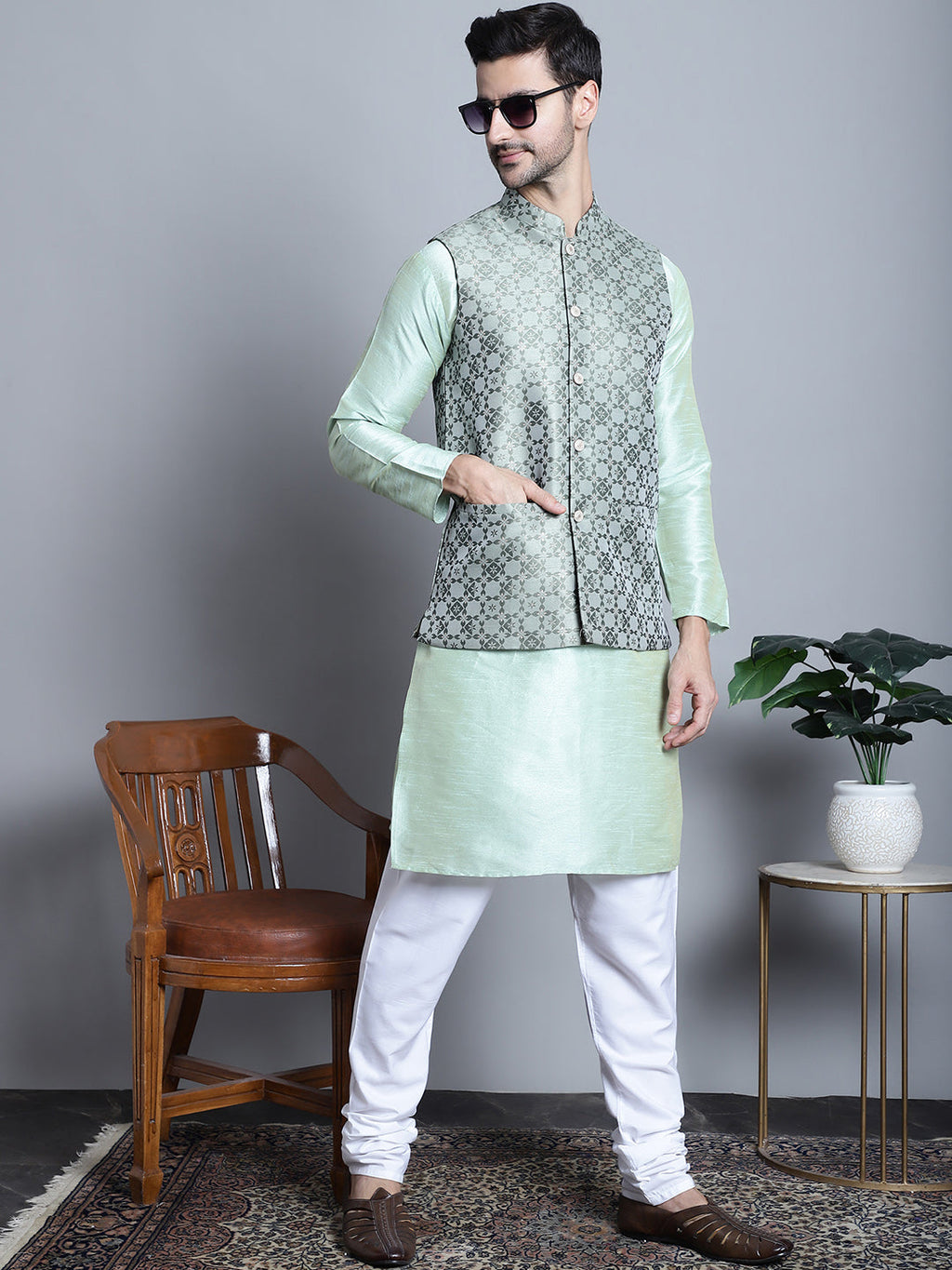 Jompers Men's Woven Design Nehru Jacket With Kurta Pyjama Set - Pista