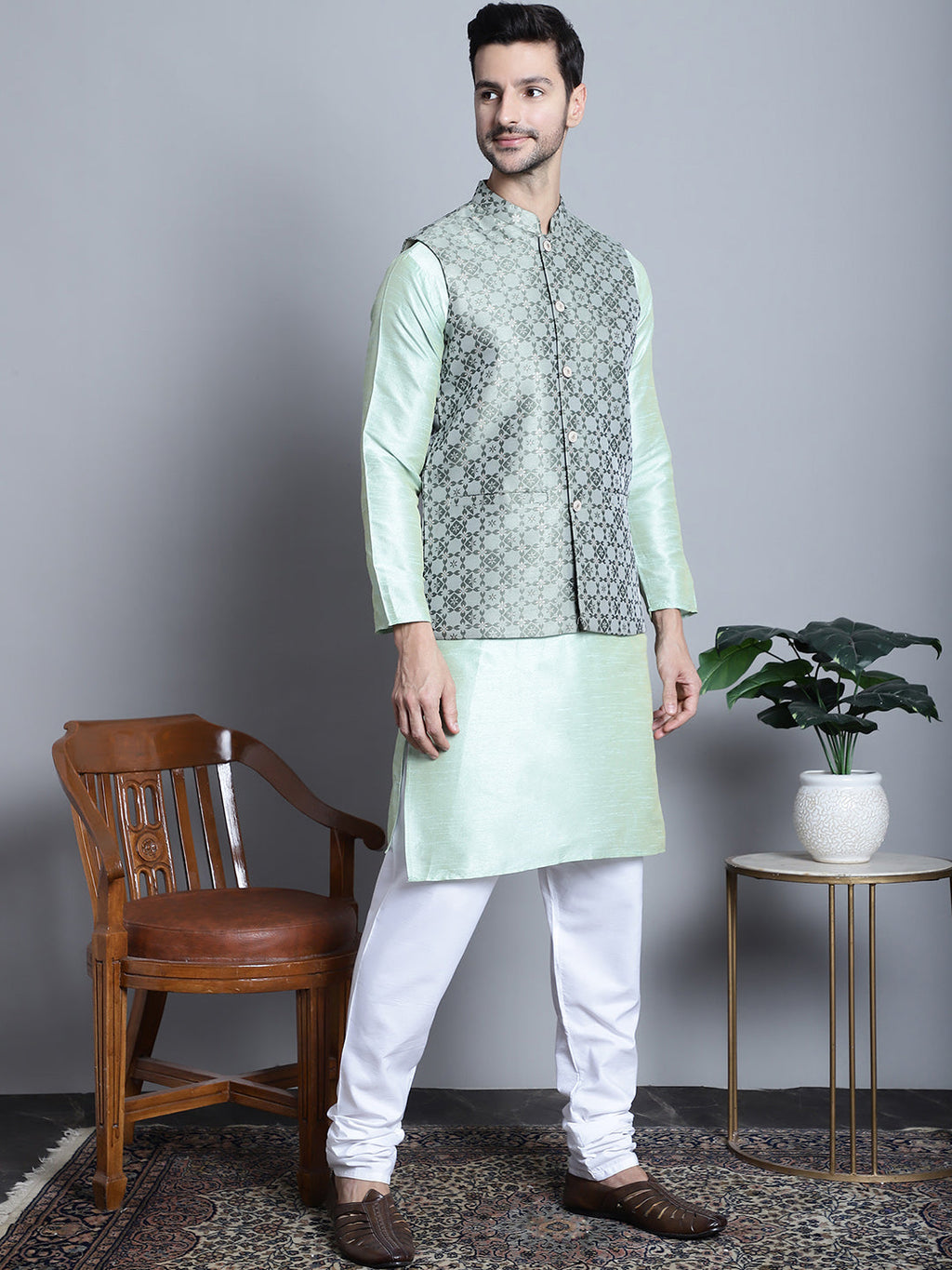 Jompers Men's Woven Design Nehru Jacket With Kurta Pyjama Set - Pista