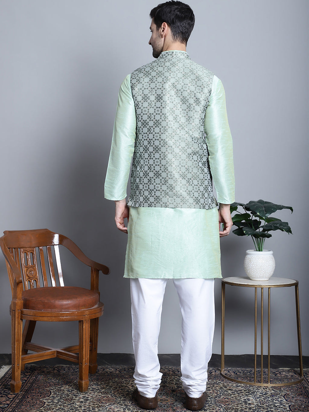 Jompers Men's Woven Design Nehru Jacket With Kurta Pyjama Set - Pista