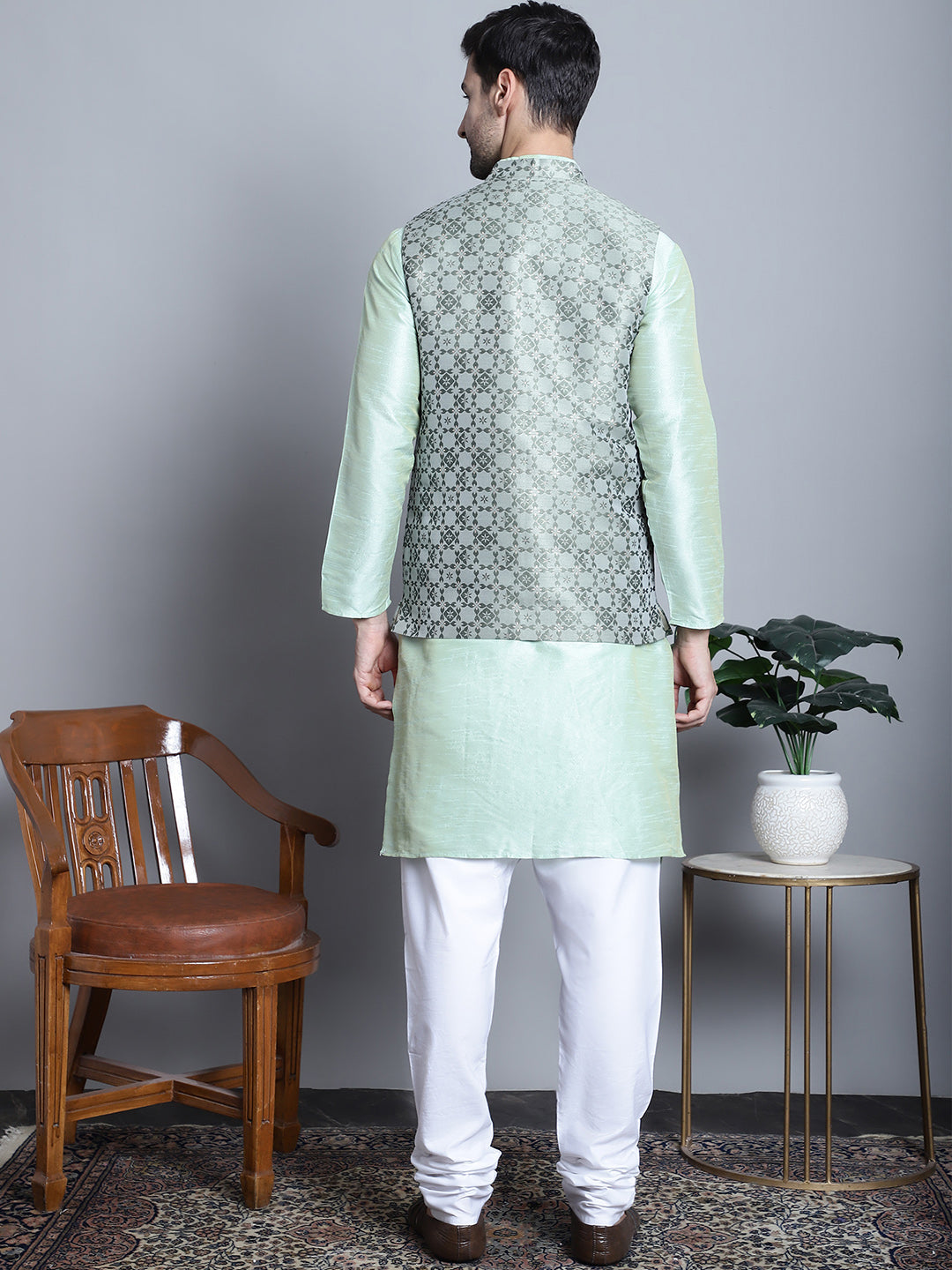 Jompers Men's Woven Design Nehru Jacket With Kurta Pyjama Set - Pista