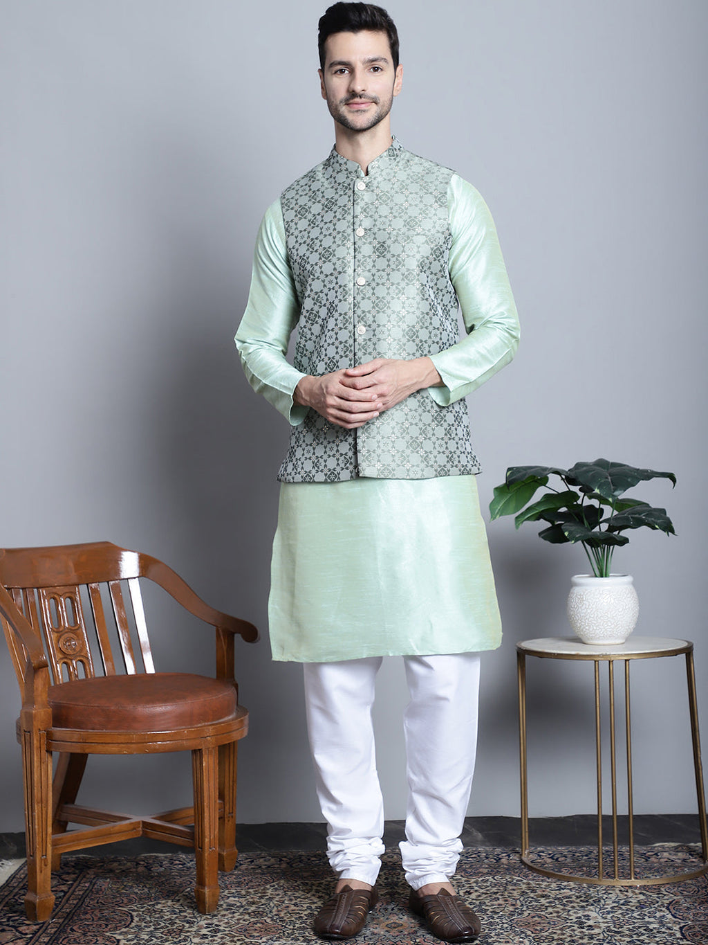 Jompers Men's Woven Design Nehru Jacket With Kurta Pyjama Set - Pista