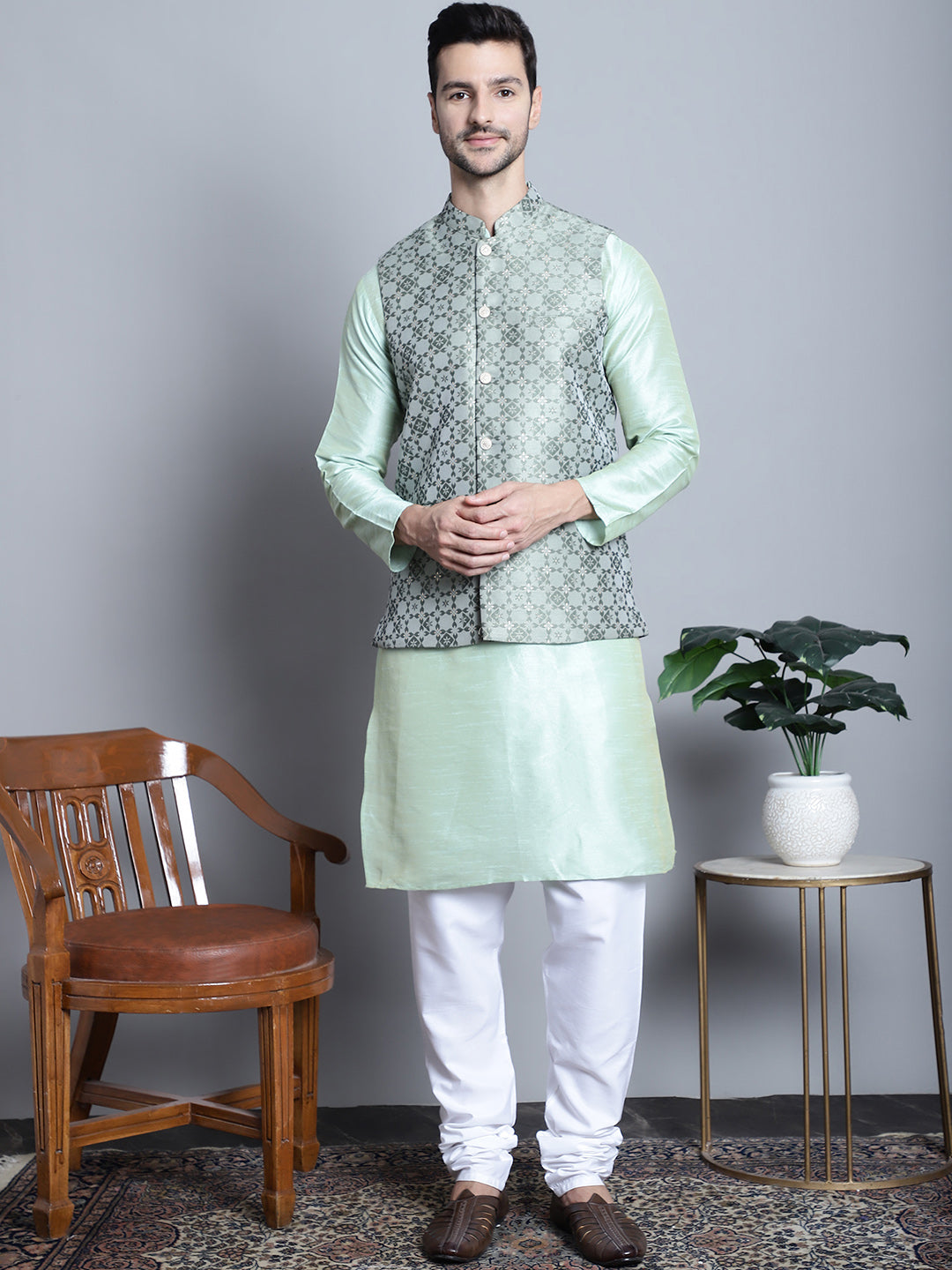 Jompers Men's Woven Design Nehru Jacket With Kurta Pyjama Set - Pista