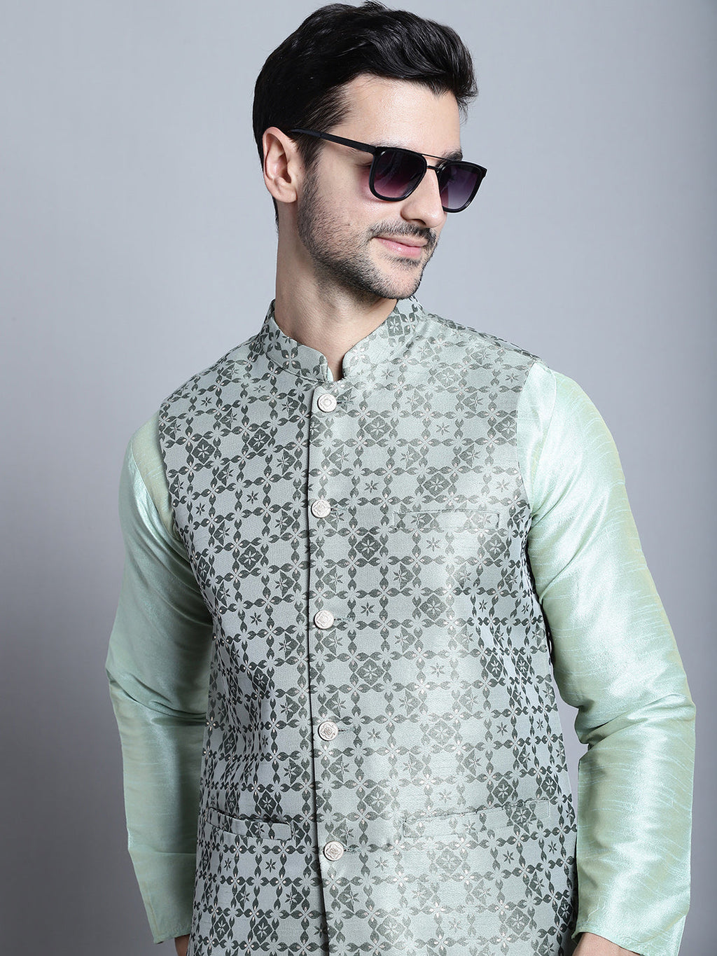 Jompers Men's Woven Design Nehru Jacket With Kurta Pyjama Set - Pista