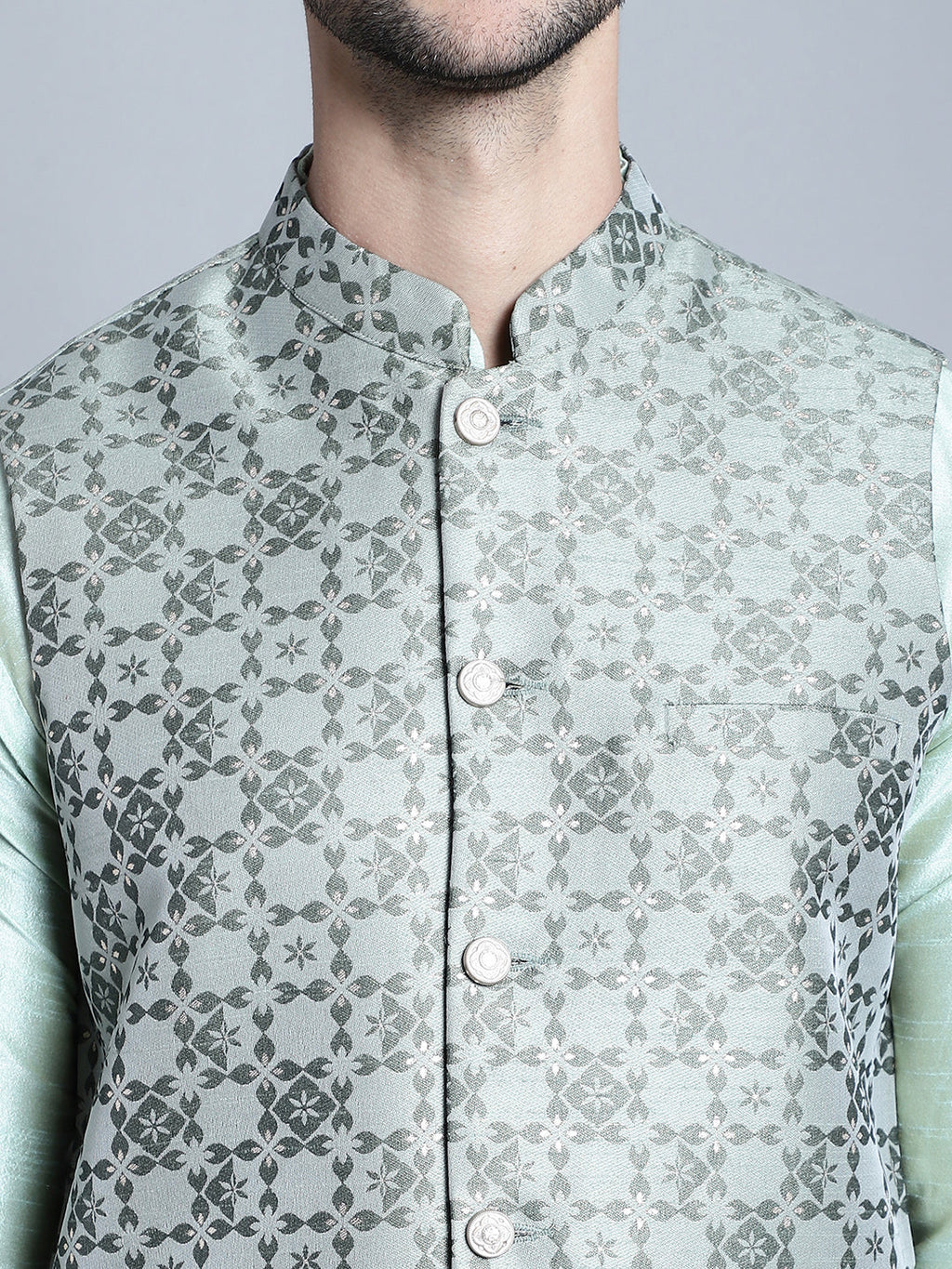 Jompers Men's Woven Design Nehru Jacket With Kurta Pyjama Set - Pista