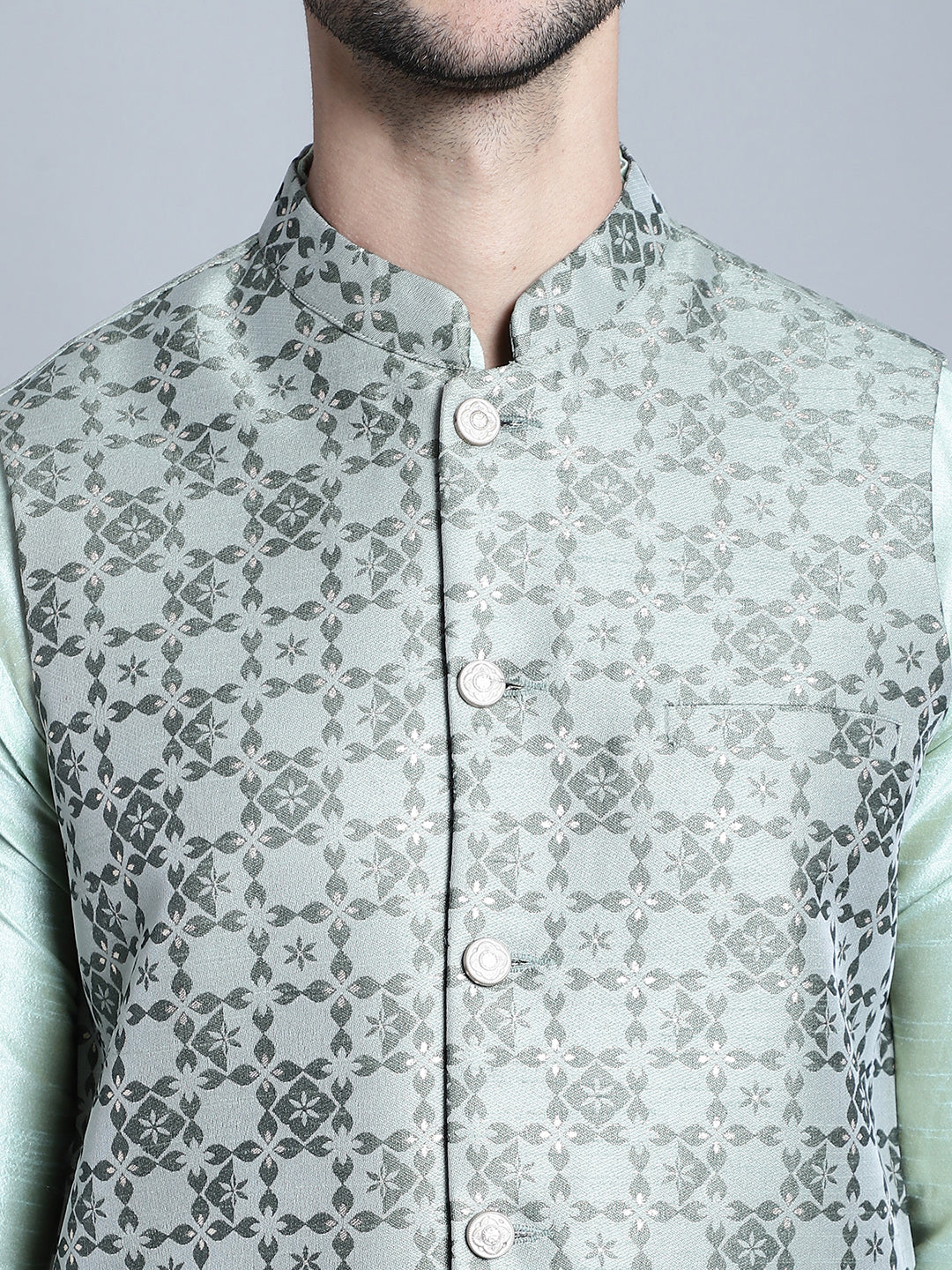 Jompers Men's Woven Design Nehru Jacket With Kurta Pyjama Set - Pista