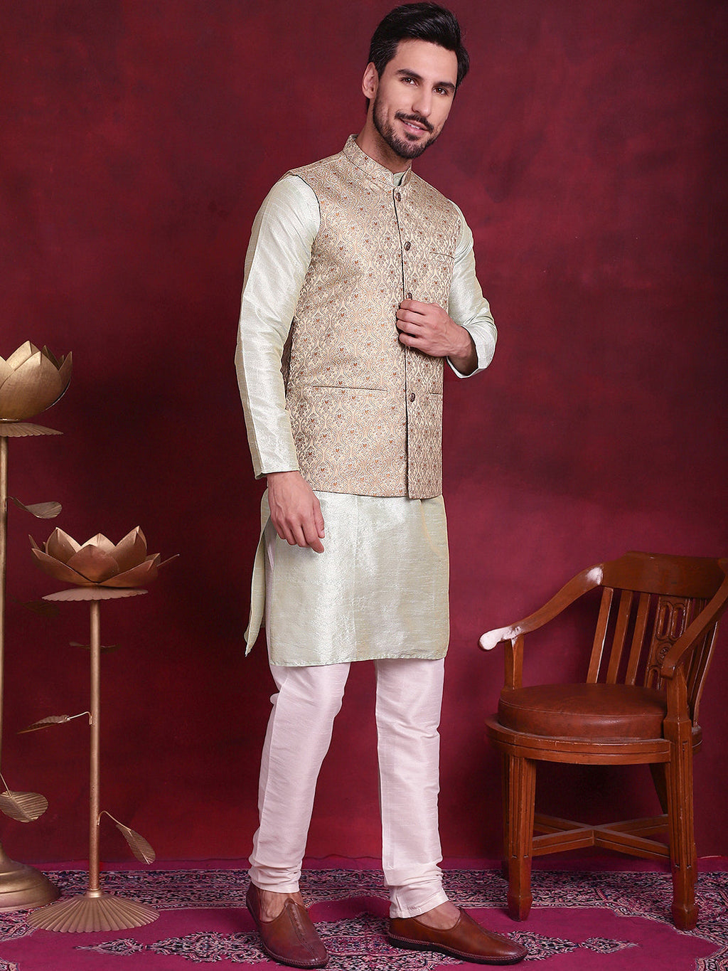 Jompers Men's Woven Design Nehru Jacket With Kurta Pyjama Set - Golden