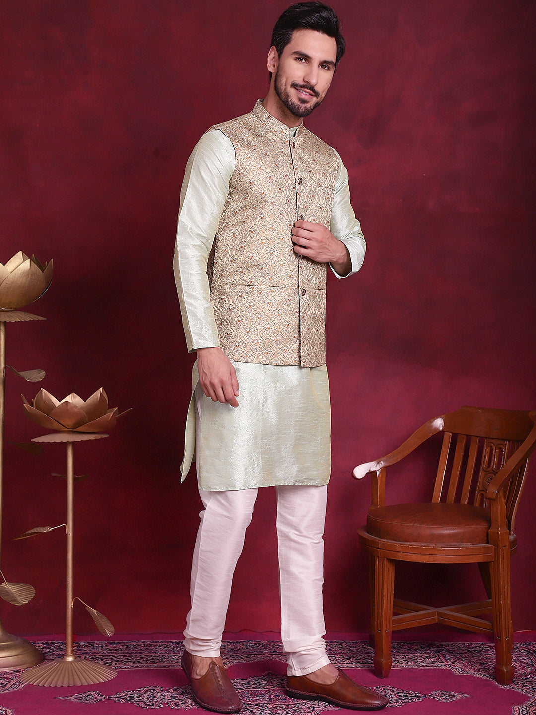 Jompers Men's Woven Design Nehru Jacket With Kurta Pyjama Set - Golden