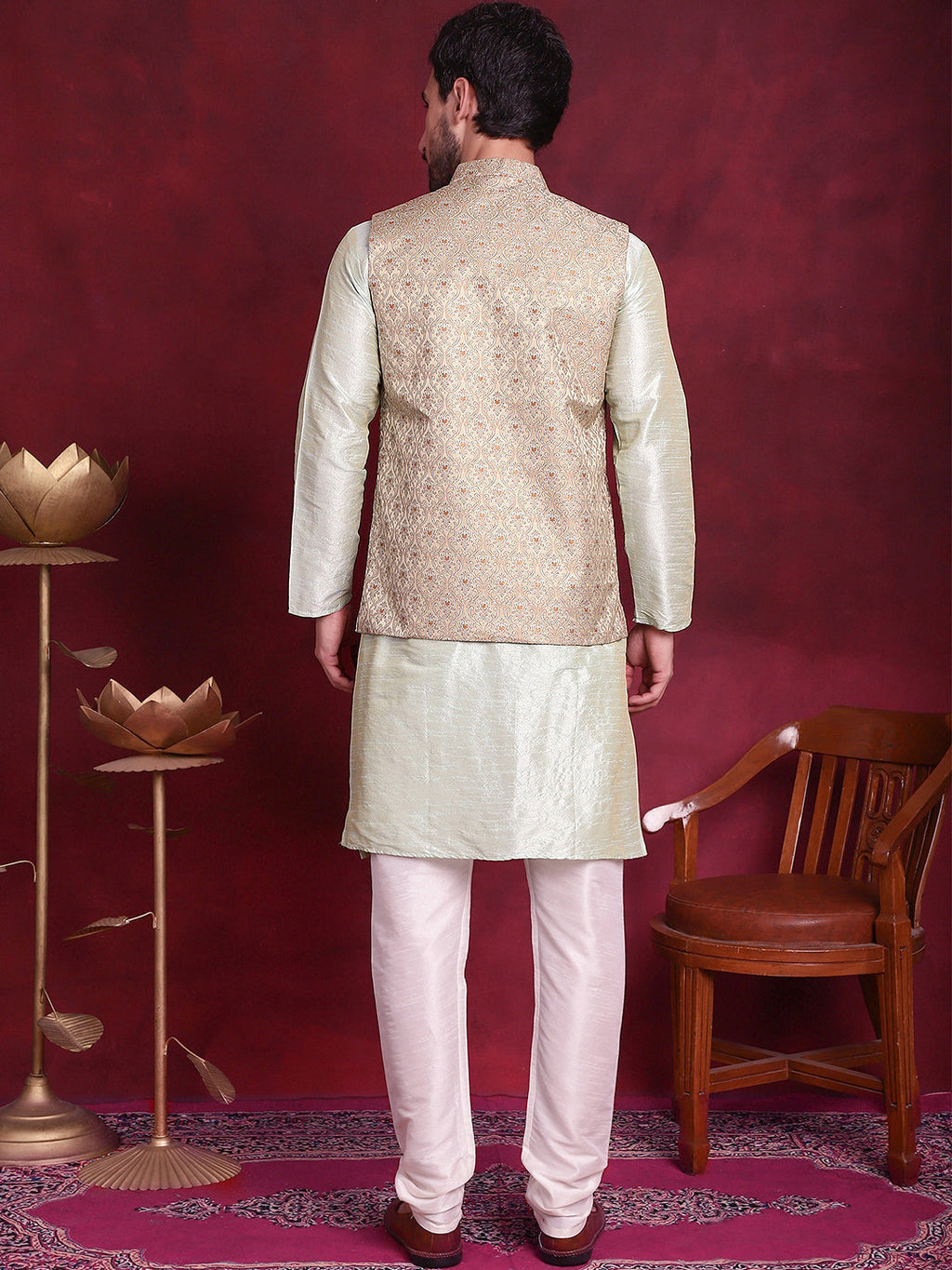 Jompers Men's Woven Design Nehru Jacket With Kurta Pyjama Set - Golden