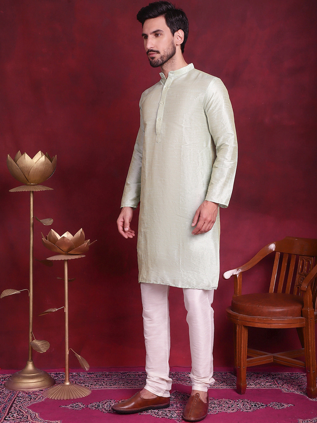 Jompers Men's Woven Design Nehru Jacket With Kurta Pyjama Set - Golden