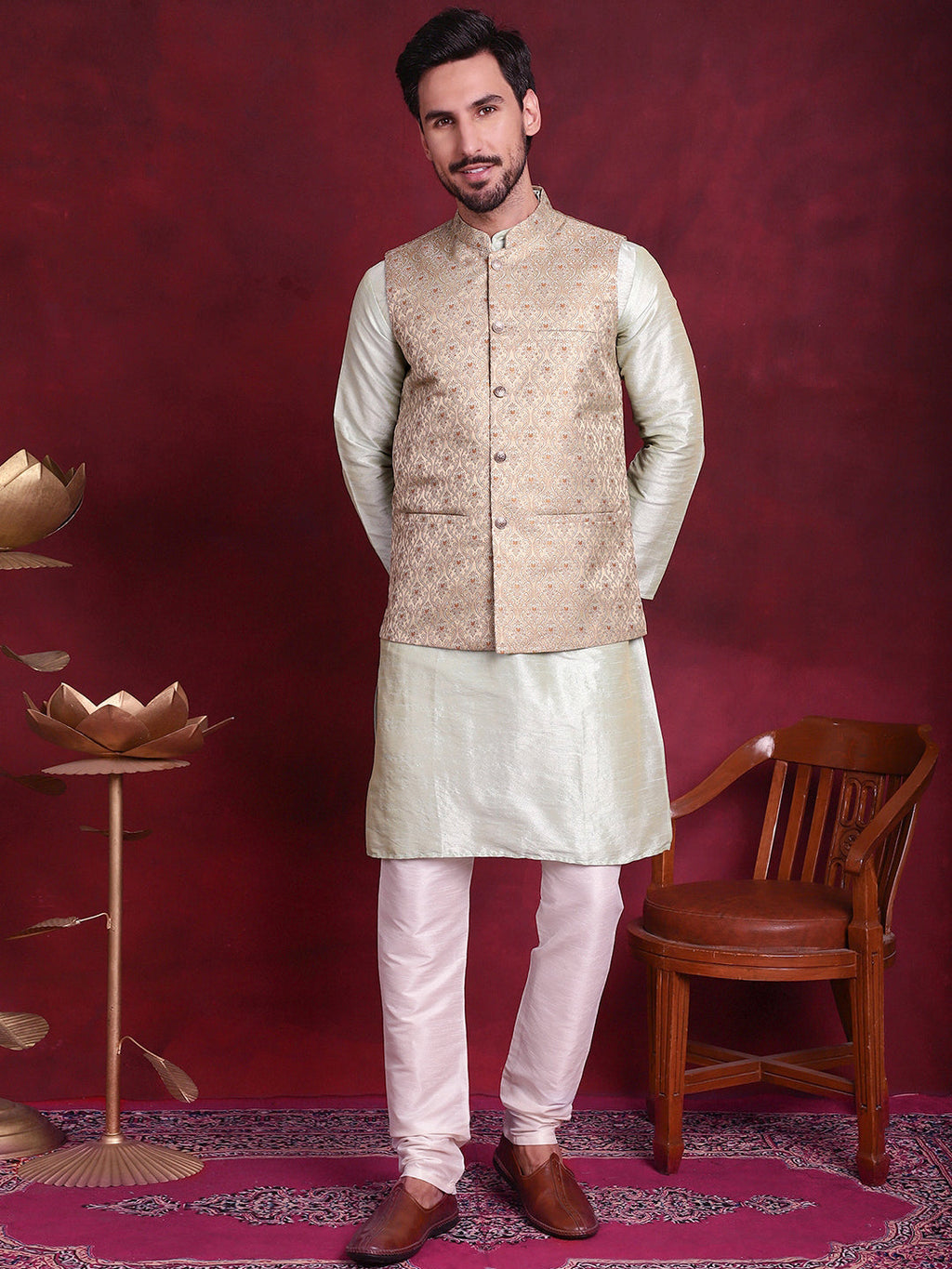 Jompers Men's Woven Design Nehru Jacket With Kurta Pyjama Set - Golden