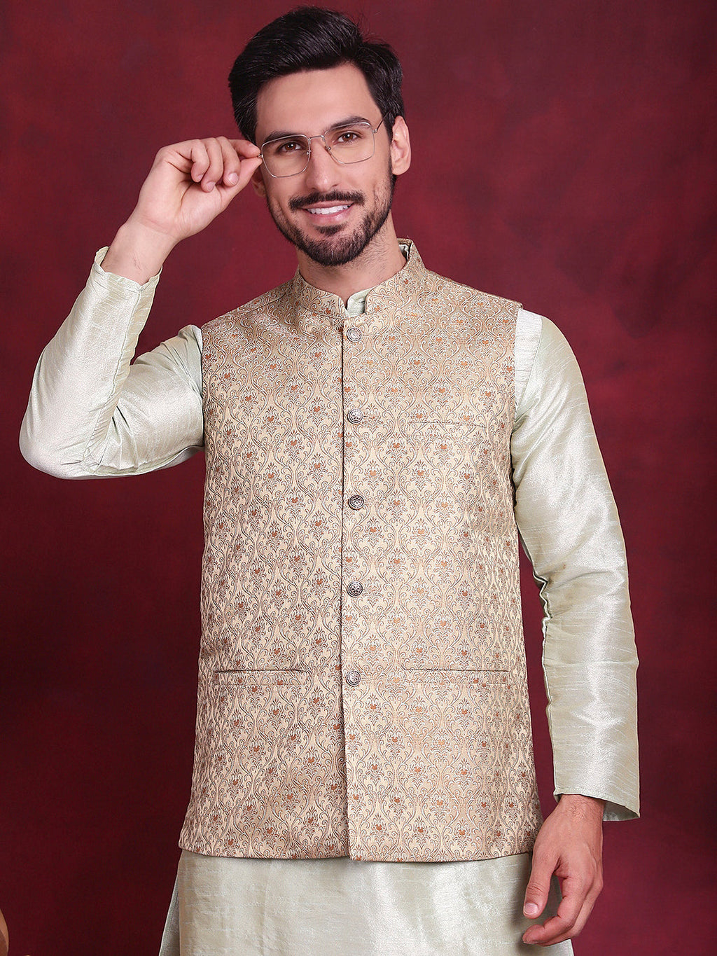 Jompers Men's Woven Design Nehru Jacket With Kurta Pyjama Set - Golden
