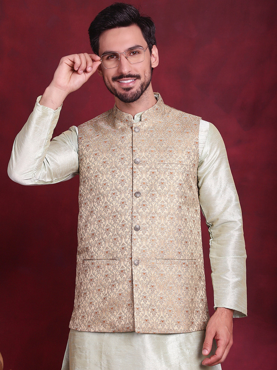 Jompers Men's Woven Design Nehru Jacket With Kurta Pyjama Set - Golden