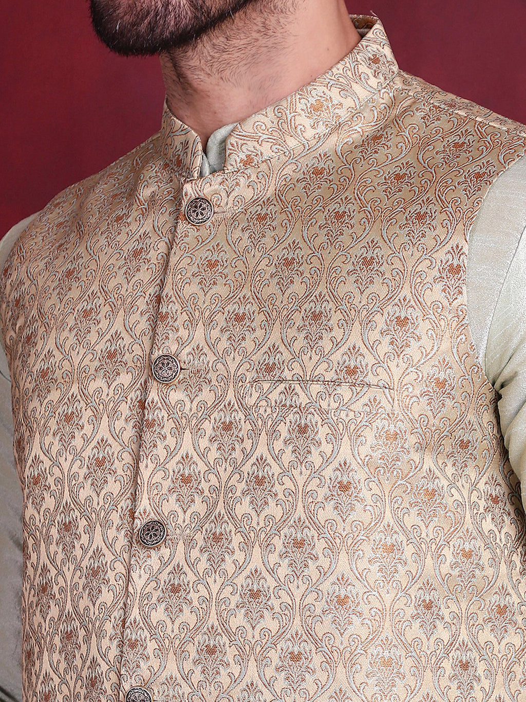 Jompers Men's Woven Design Nehru Jacket With Kurta Pyjama Set - Golden