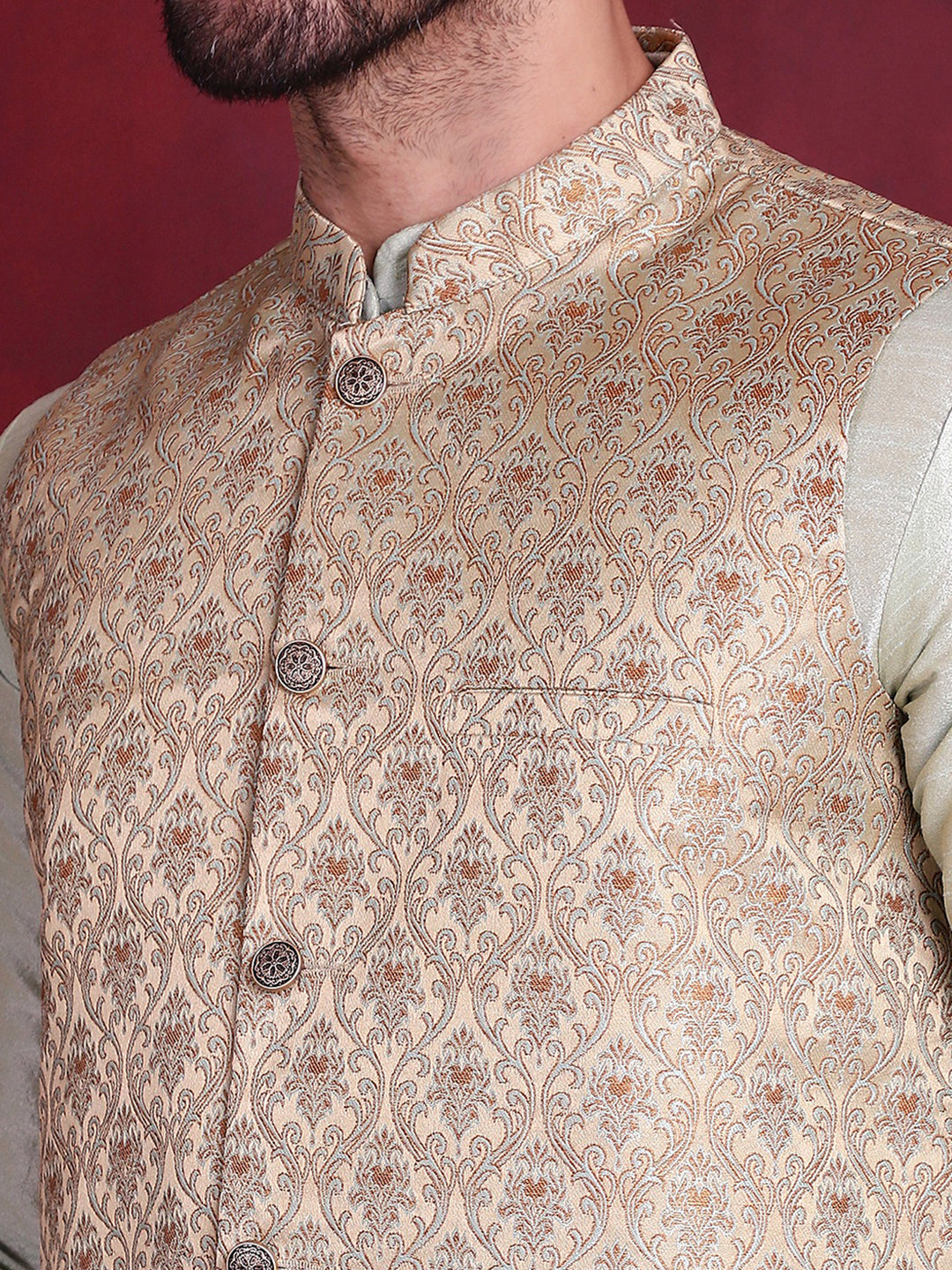 Jompers Men's Woven Design Nehru Jacket With Kurta Pyjama Set - Golden