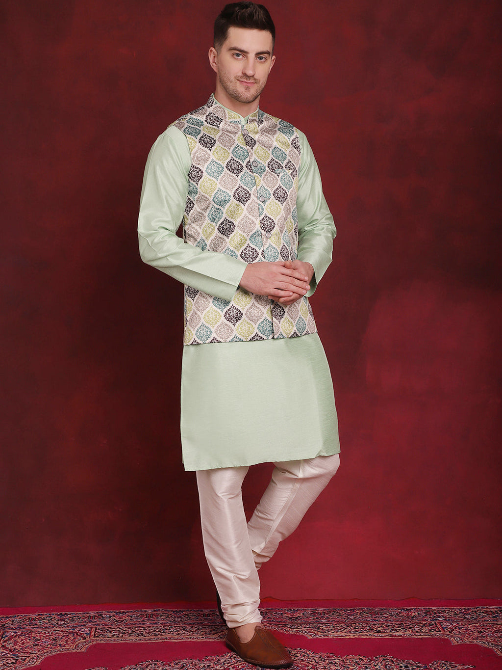 Jompers Men's Green Floral Printed Nehru Jacket With Kurta Pyjama Set