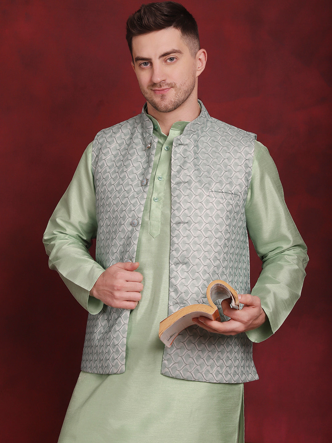 Jompers Men's Green Woven Design Nehru Jacket With Kurta Pyjama Set