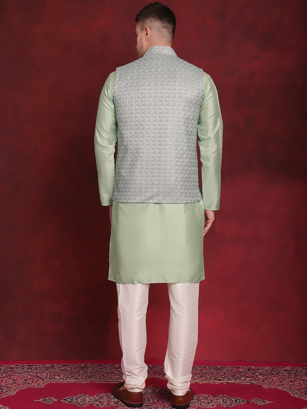 Jompers Men's Green Woven Design Nehru Jacket With Kurta Pyjama Set