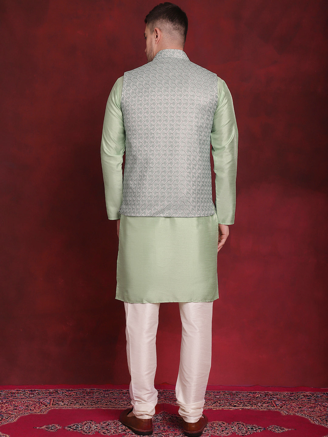 Jompers Men's Green Woven Design Nehru Jacket With Kurta Pyjama Set