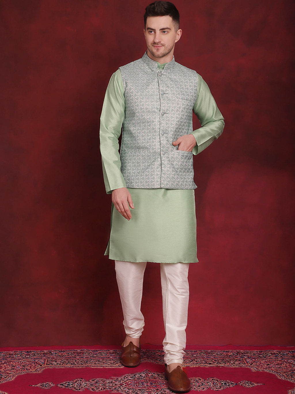 Jompers Men's Green Woven Design Nehru Jacket With Kurta Pyjama Set
