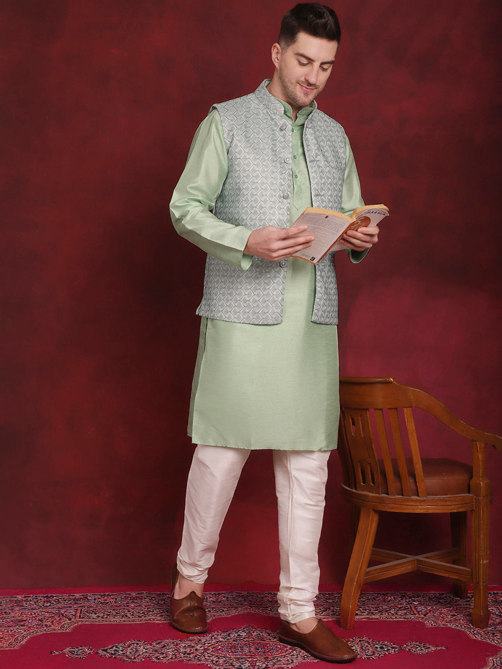 Jompers Men's Green Woven Design Nehru Jacket With Kurta Pyjama Set