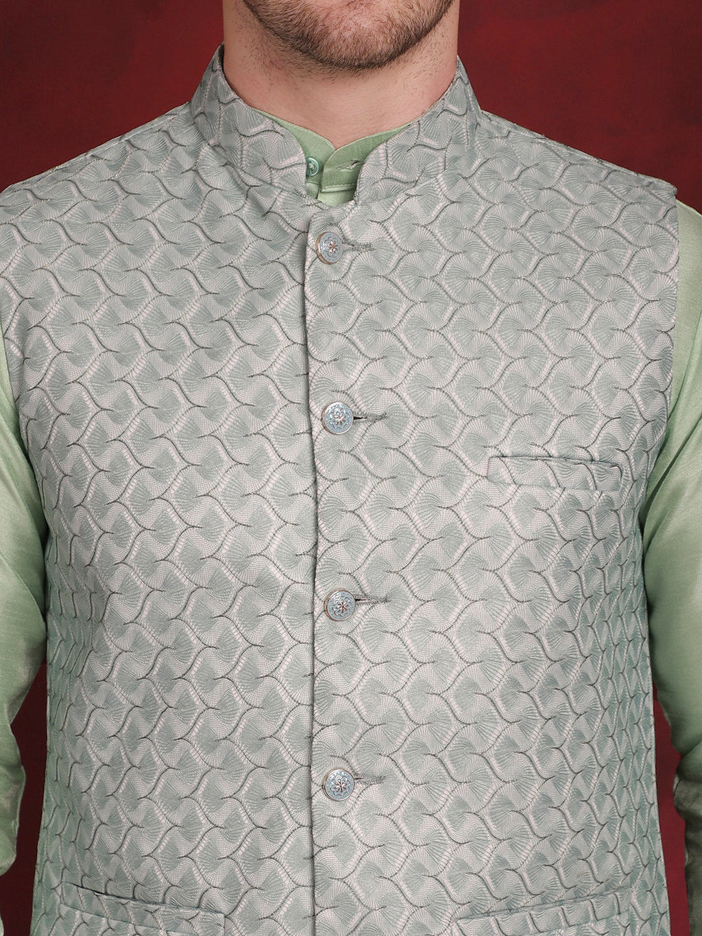 Jompers Men's Green Woven Design Nehru Jacket With Kurta Pyjama Set