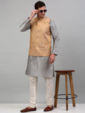 Jompers Men's Woven Design Nehru Jacket and Kurta Pyjama Set - Silver