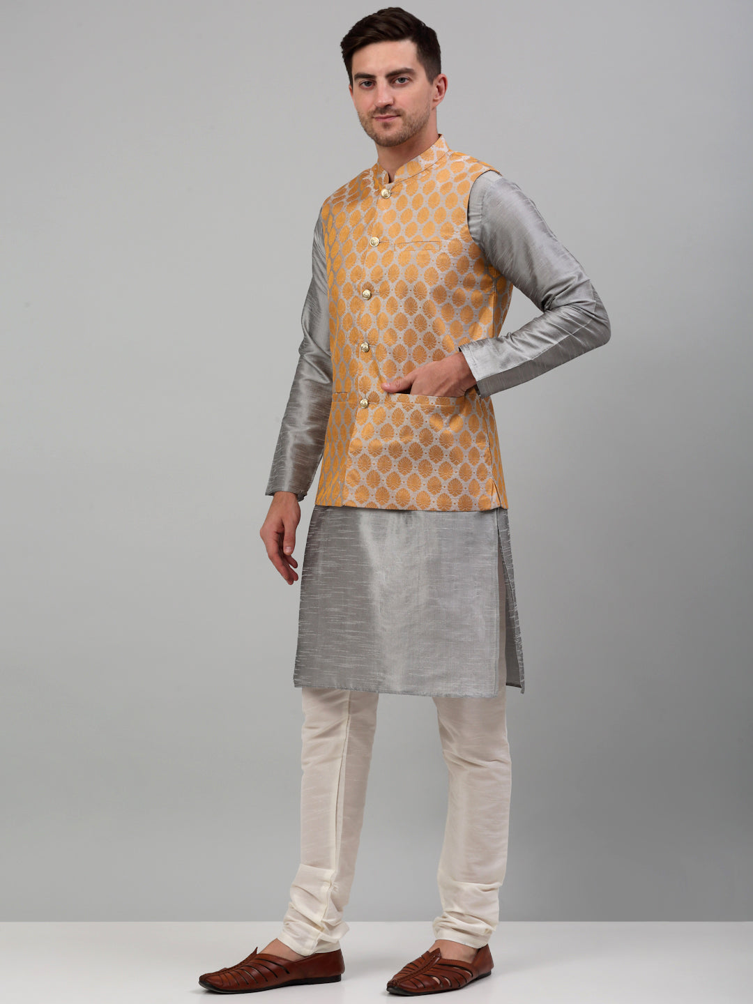 Jompers Men's Woven Design Nehru Jacket and Kurta Pyjama Set - Silver