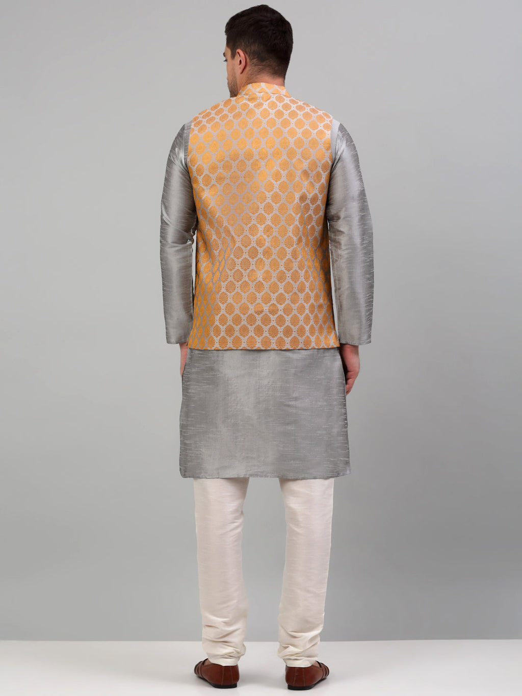 Jompers Men's Woven Design Nehru Jacket and Kurta Pyjama Set - Silver