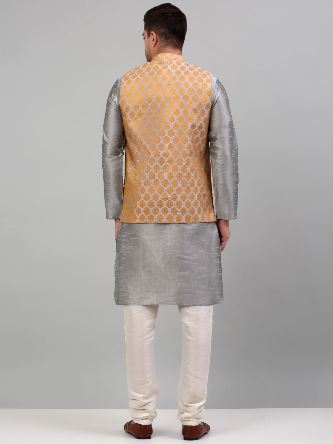 Jompers Men's Woven Design Nehru Jacket and Kurta Pyjama Set - Silver