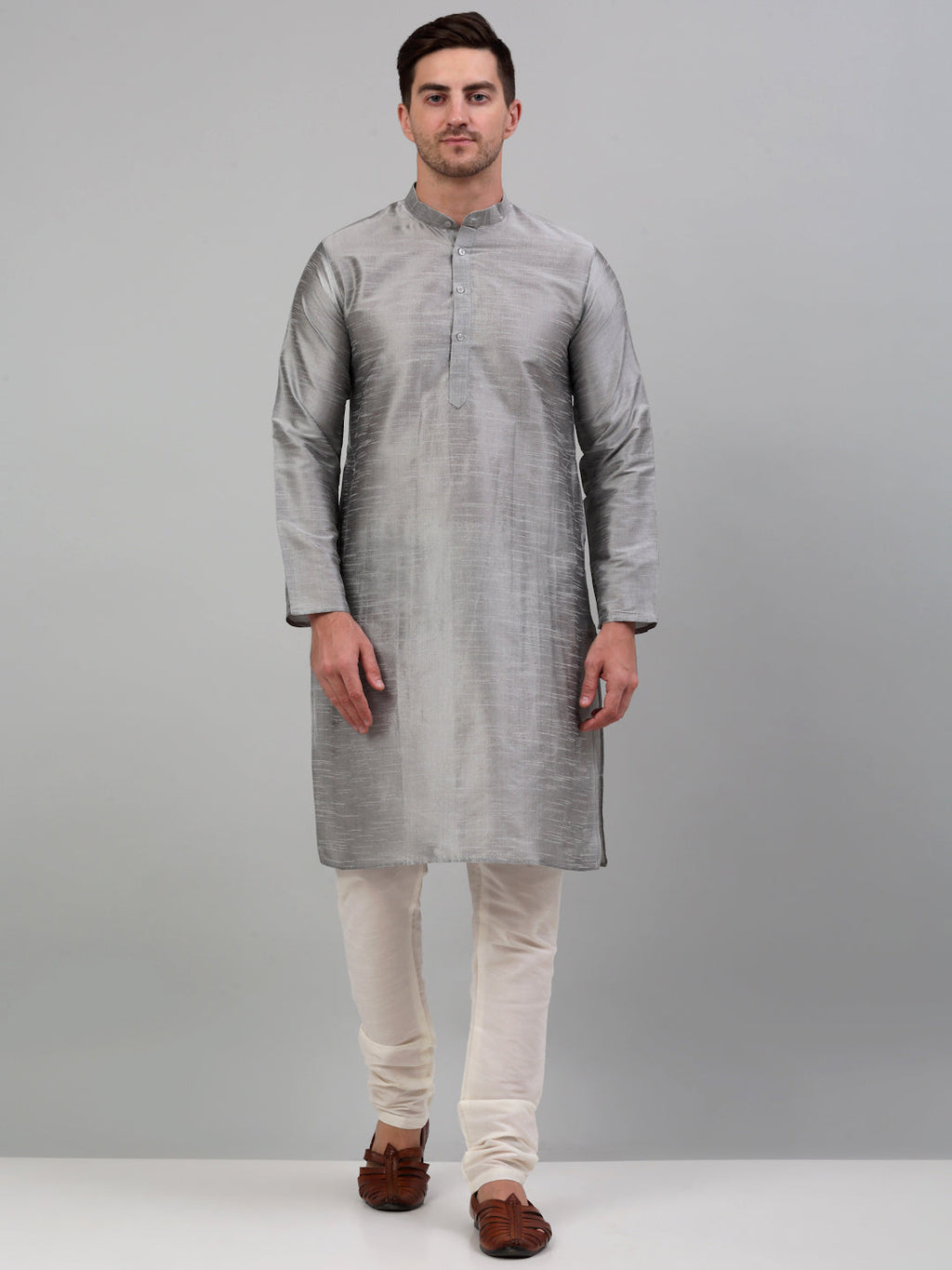 Jompers Men's Woven Design Nehru Jacket and Kurta Pyjama Set - Silver