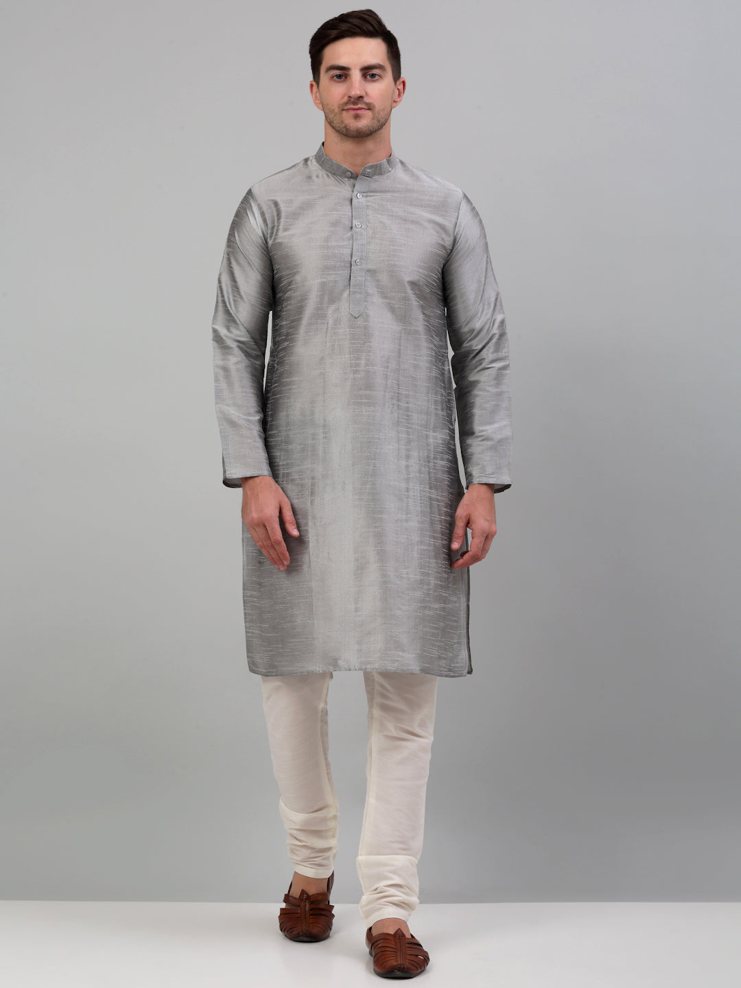 Jompers Men's Woven Design Nehru Jacket and Kurta Pyjama Set - Silver
