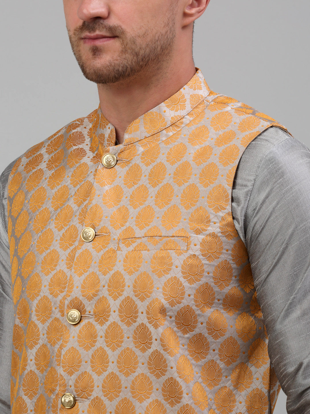 Jompers Men's Woven Design Nehru Jacket and Kurta Pyjama Set - Silver