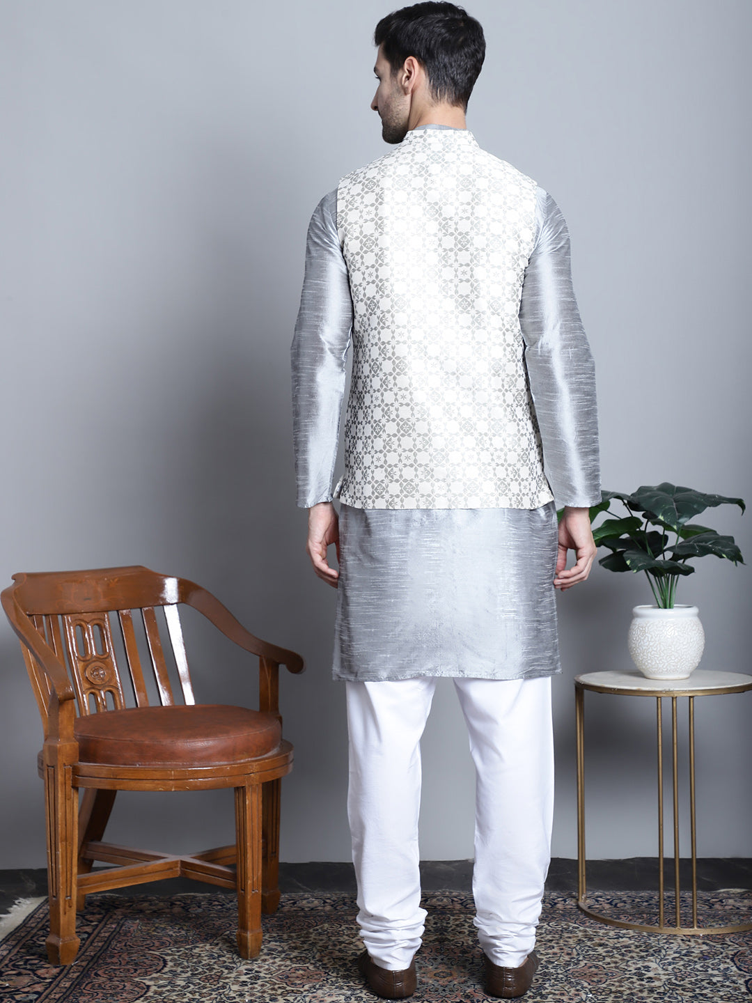 Jompers Men's Woven Design Nehru Jacket With Kurta Pyjama Set - Cream