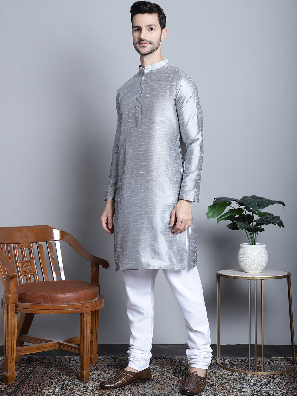 Jompers Men's Woven Design Nehru Jacket With Kurta Pyjama Set - Cream