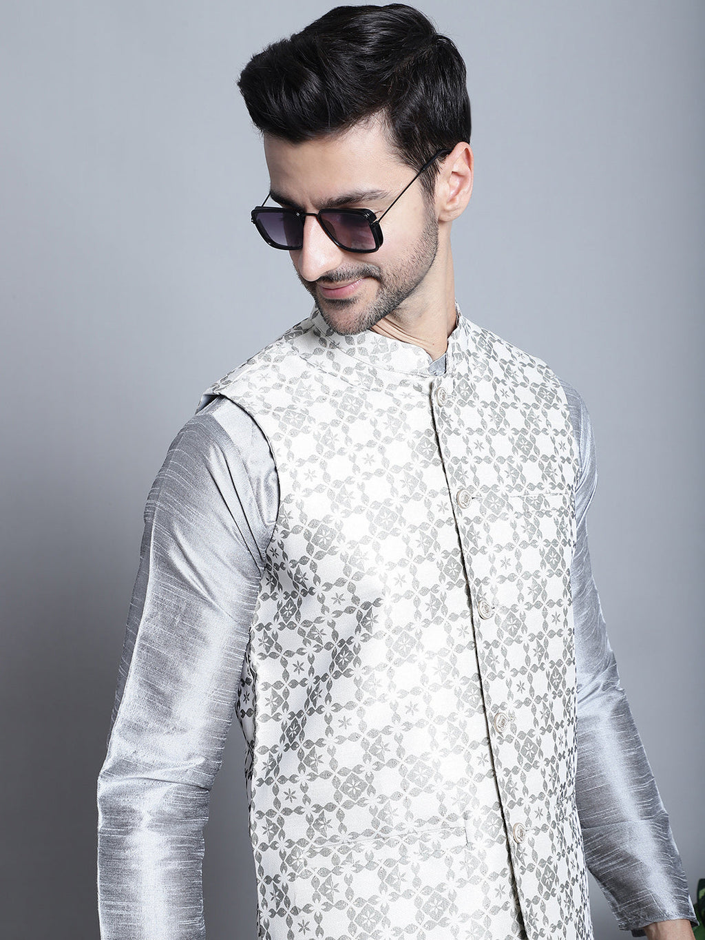 Jompers Men's Woven Design Nehru Jacket With Kurta Pyjama Set - Cream
