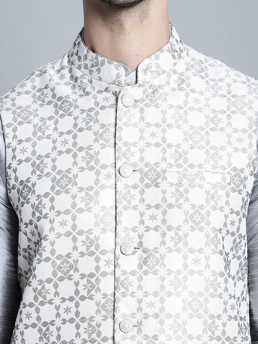 Jompers Men's Woven Design Nehru Jacket With Kurta Pyjama Set - Cream