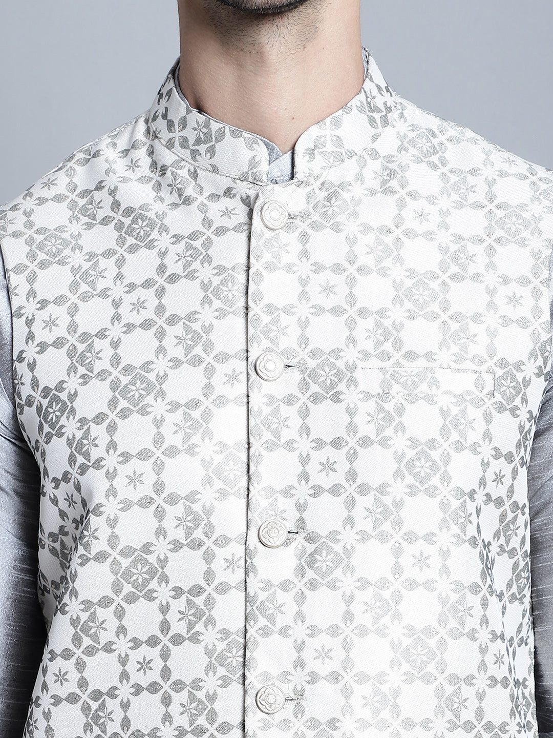 Jompers Men's Woven Design Nehru Jacket With Kurta Pyjama Set - Cream