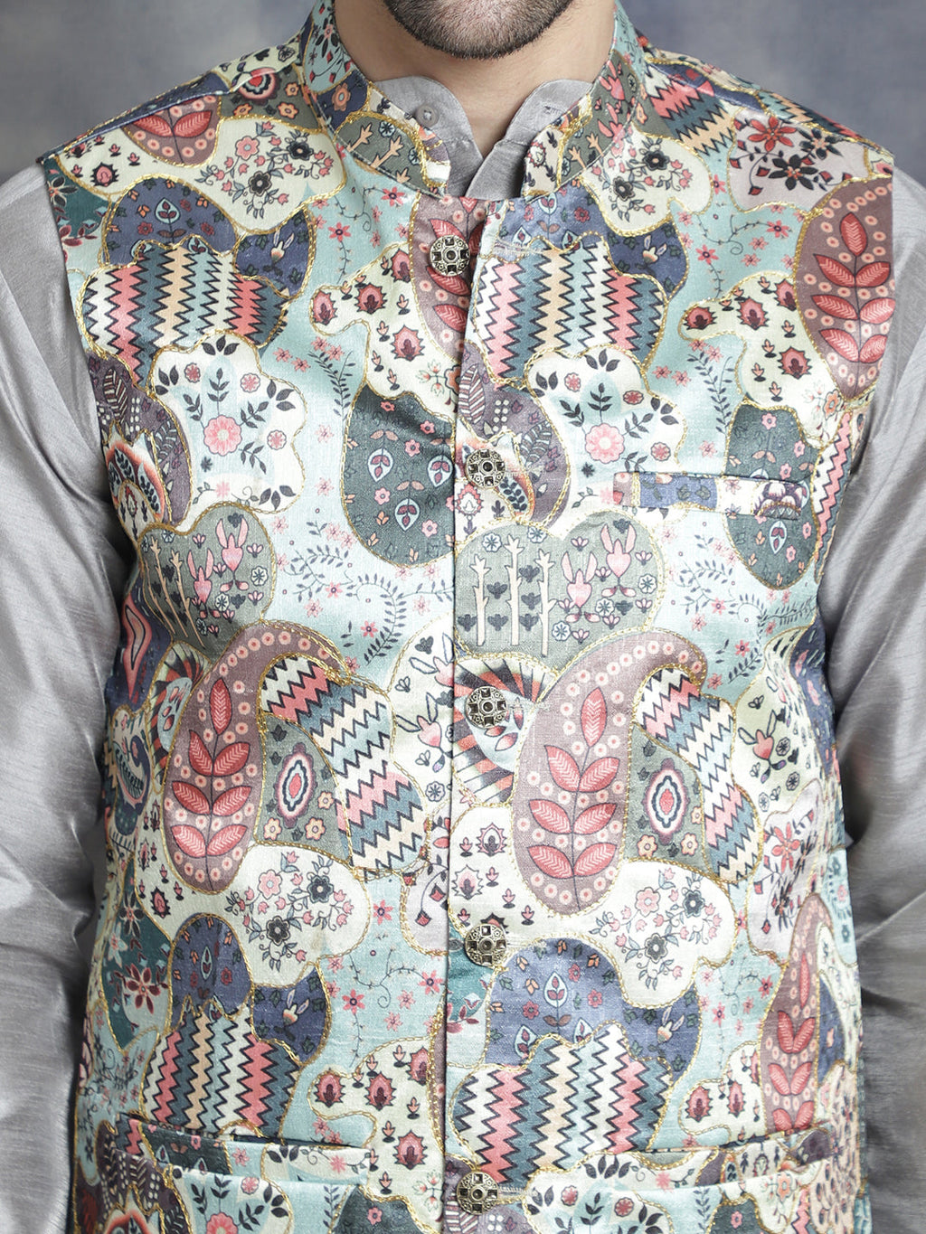 Jompers Men's Digital Print and Zari Work Nehru Jacket With Kurta Pyjama Set - Blue