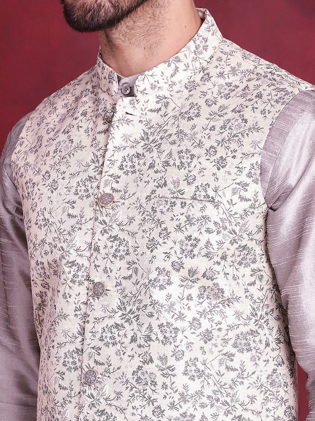 Jompers Men's Woven Design Nehru Jacket With Kurta Pyjama Set - Grey