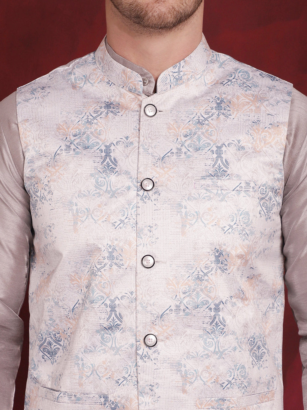 Jompers Men's Silver Floral Printed Nehru Jacket With Kurta Pyjama Set