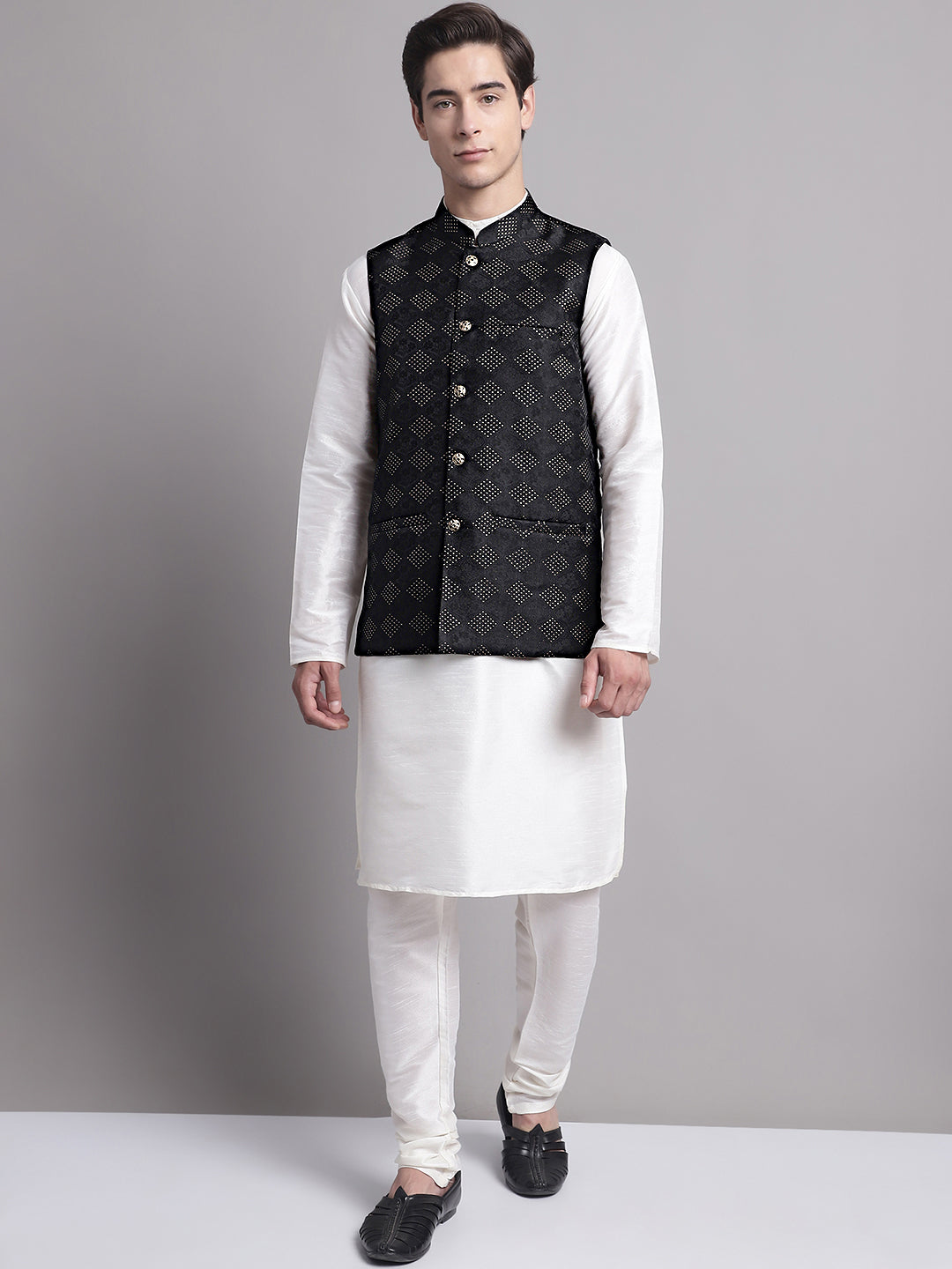 Jompers Men's Black Woven Design Nehru Jacket With Solid Kurta Pyjama