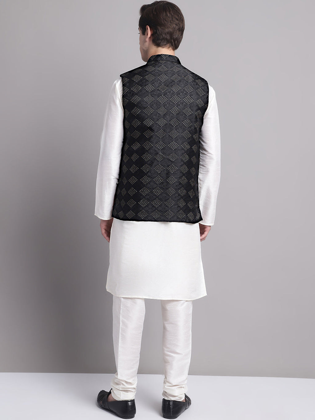 Jompers Men's Black Woven Design Nehru Jacket With Solid Kurta Pyjama