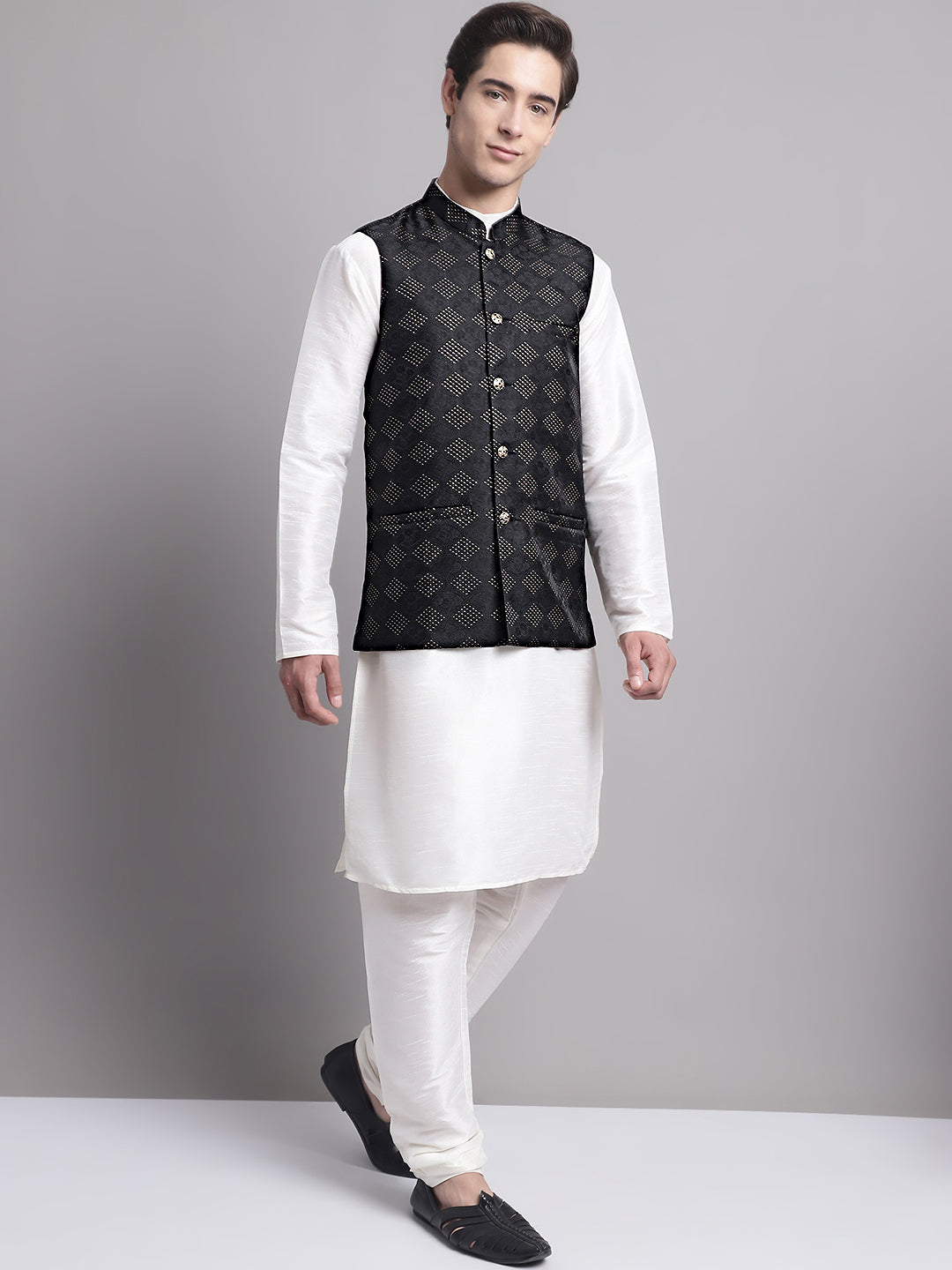 Jompers Men's Black Woven Design Nehru Jacket With Solid Kurta Pyjama