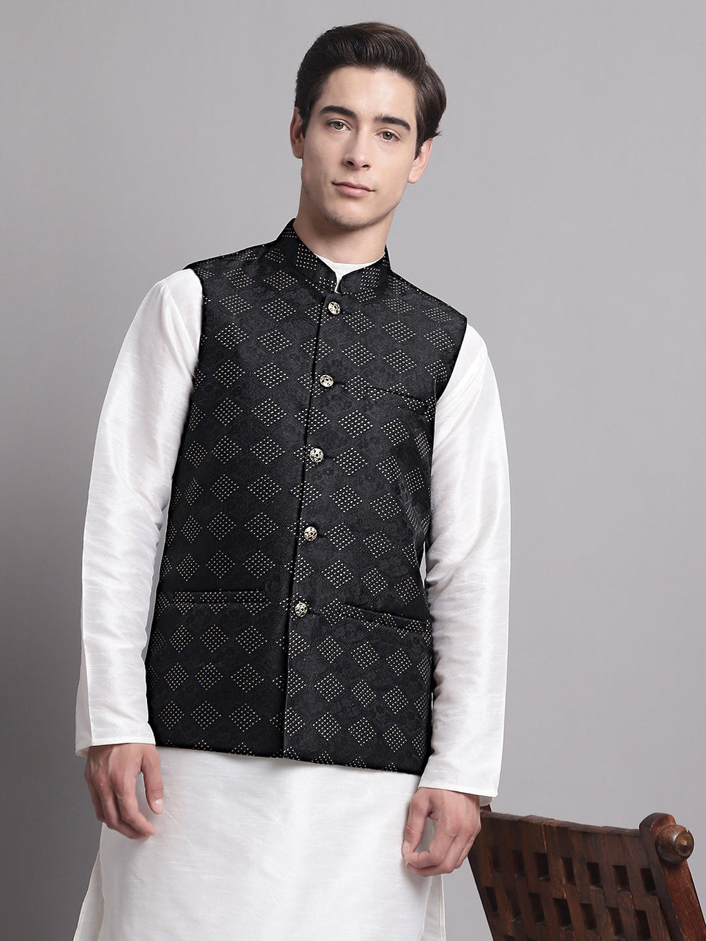 Jompers Men's Black Woven Design Nehru Jacket With Solid Kurta Pyjama
