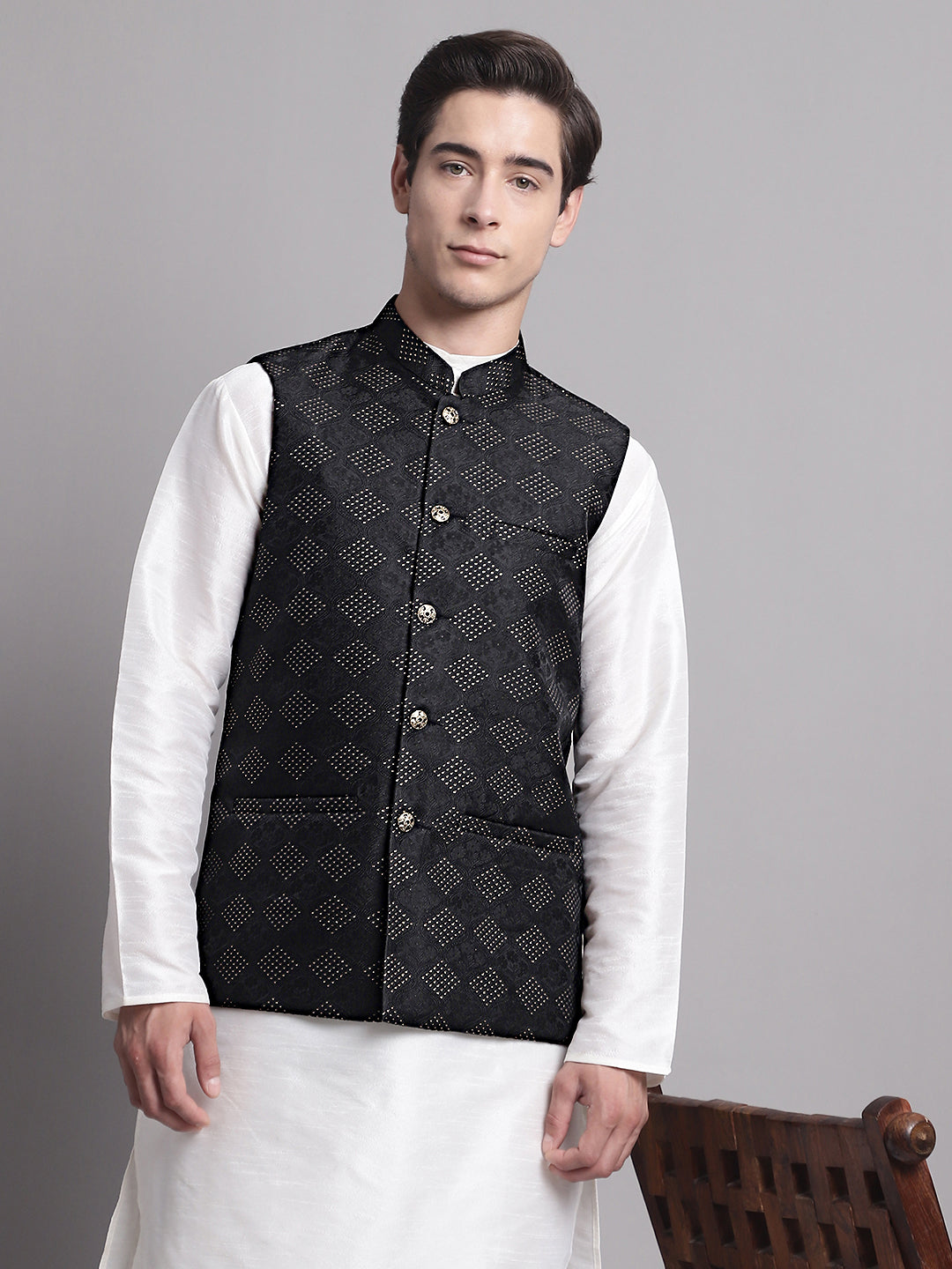Jompers Men's Black Woven Design Nehru Jacket With Solid Kurta Pyjama