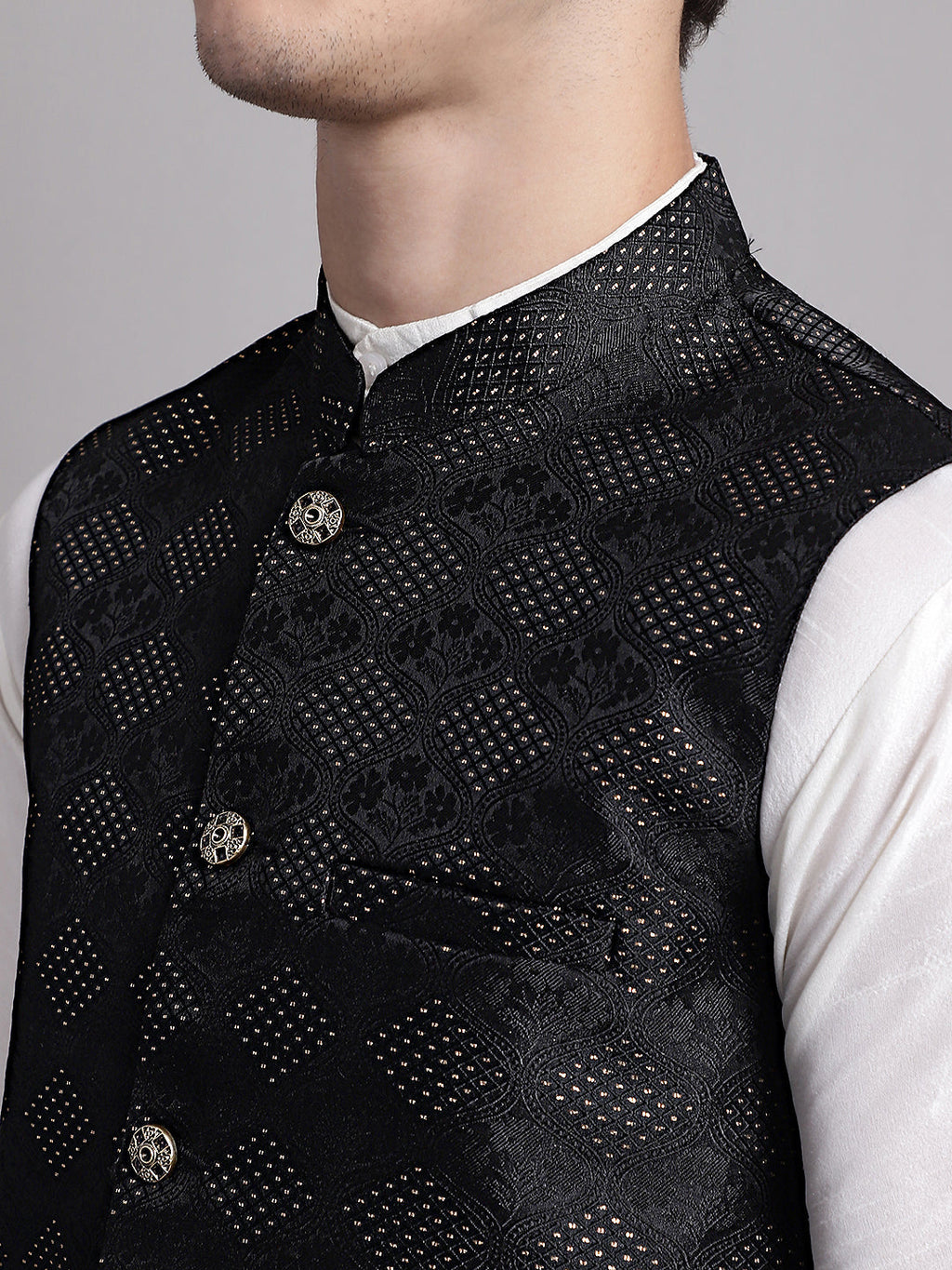 Jompers Men's Black Woven Design Nehru Jacket With Solid Kurta Pyjama