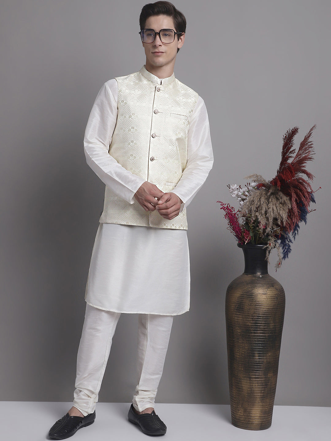 Jompers Men's Cream Woven Design Nehru Jacket With Solid Kurta Pyjama
